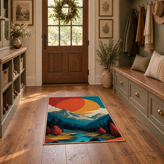 Colorful vintage geometric mountain landscape area rug displayed in a refined hallway