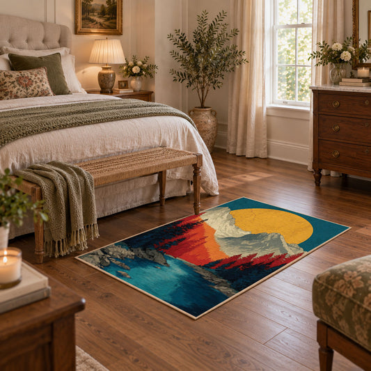 Colorful vintage geometric mountain vista area rug styled in a restful bedroom