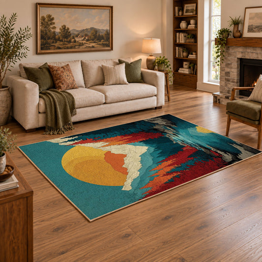 Colorful vintage geometric alpine landscape area rug styled in a warm living room