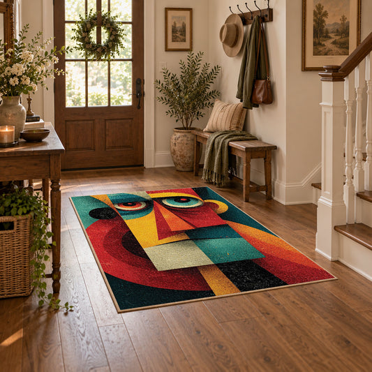 Colorful vintage geometric geometric faces area rug styled in a welcoming entryway