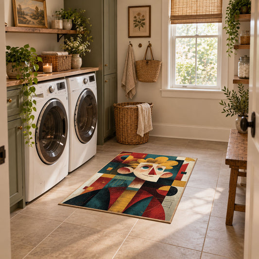 Colorful vintage geometric cat portrait area rug placed in a modern laundry room