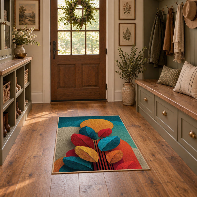 Colorful vintage geometric autumn leaves area rug displayed in a refined hallway