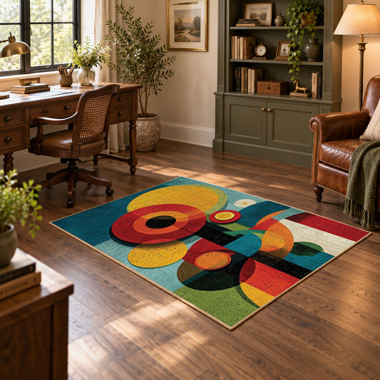 Colorful vintage geometric geometric flowers area rug angled view in a classic bedroom