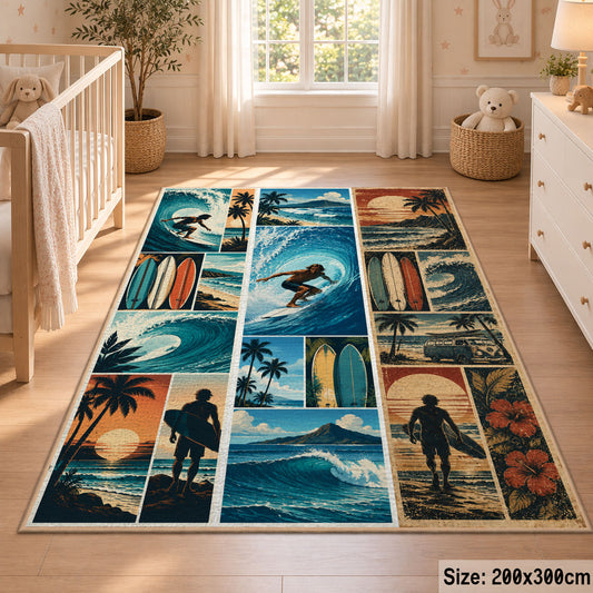 Surfing Collage Area Rug with Ocean Waves and Palm Trees — nursery setting