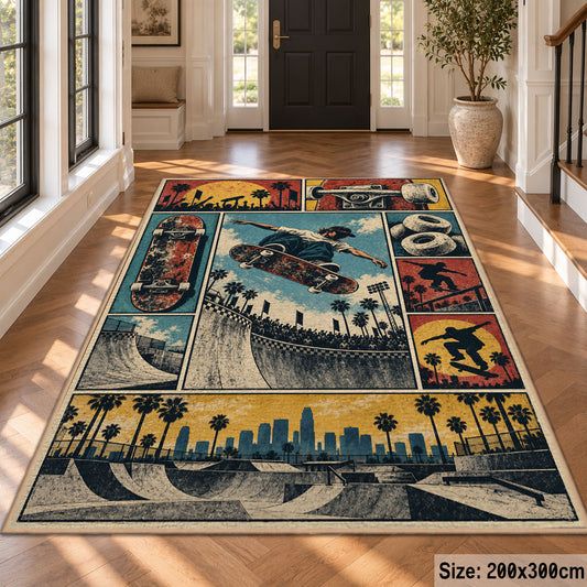 Skateboarding collage rug in a sunlit hallway