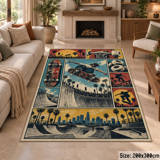 Vintage Skateboarding Collage Rug by a fireplace