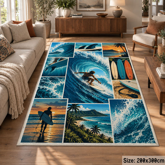 Ocean Wave Surfing Area Rug with Surfboard and Beach Panels — sofa seating area setting