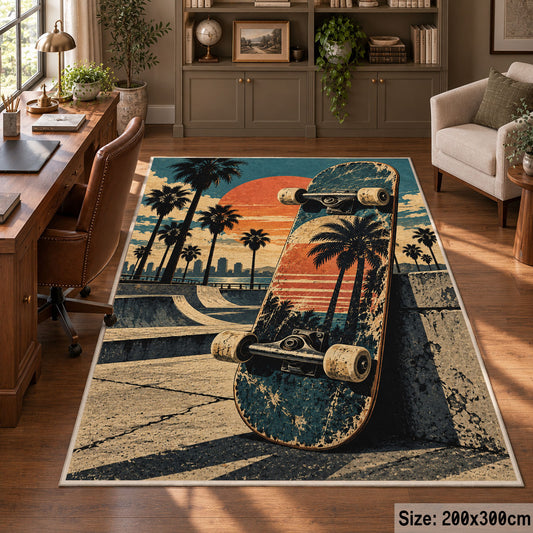 Sunset Skateboard Area Rug with Palm Trees — home office setting