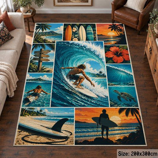Surfing Wave Collage Area Rug in Teal and Sunset Orange — living room setting