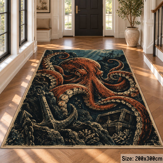 Octopus Treasure Area Rug with Anchor and Underwater Ruins — hallway setting