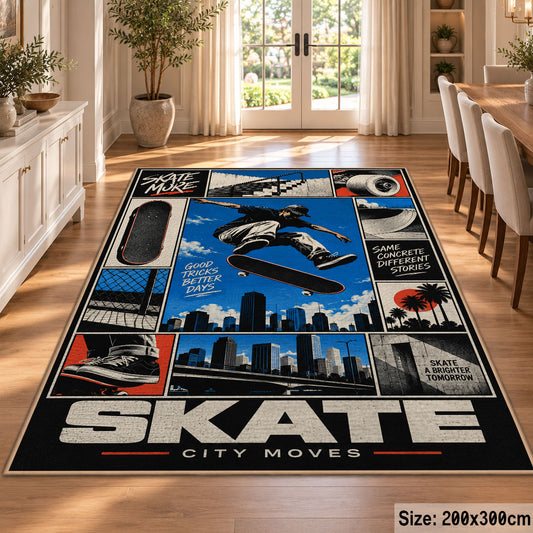 Blue Skateboarding Comic Collage Area Rug with Urban Skyline — dining room setting