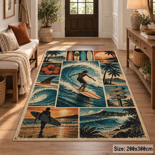 Surfer Beach Collage Area Rug with Palm Trees and Ocean Waves — entryway setting