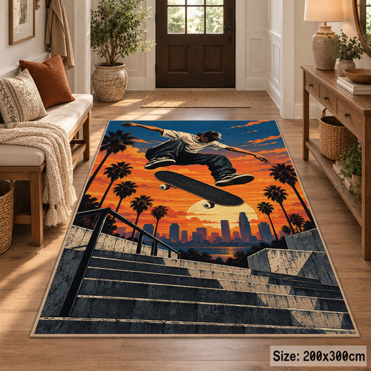 Sunset Skater Area Rug with Palm Trees and Concrete Steps — entryway setting