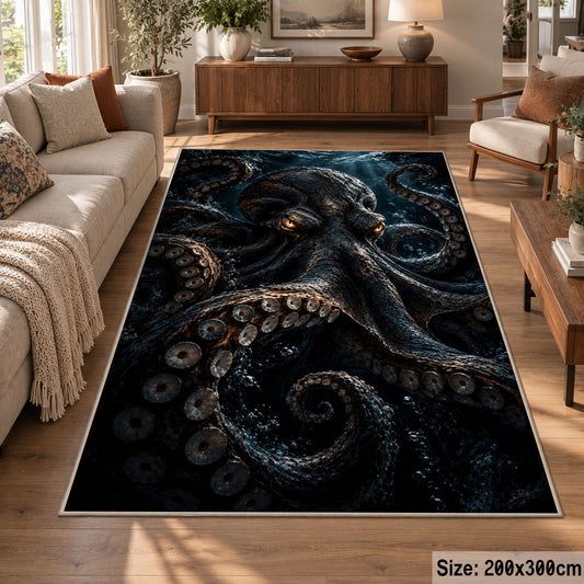 Dark Octopus Area Rug in Black and Navy — sofa seating area