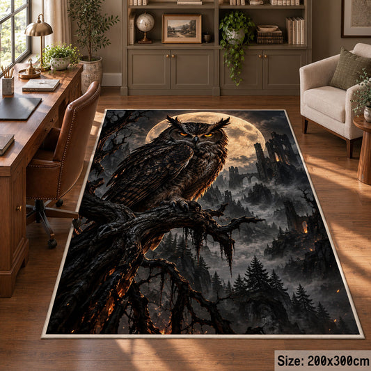 Moonlit Owl Area Rug with Dark Forest and Distant Castle — home office setting