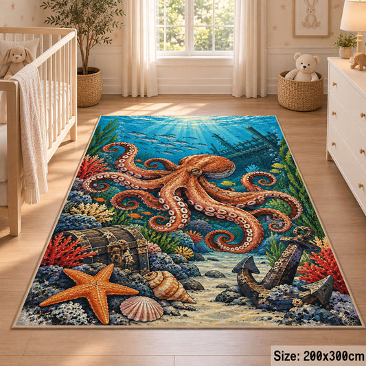 Orange Octopus Coral Reef Area Rug with Starfish and Anchor — nursery setting
