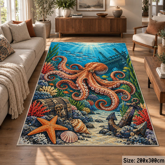 Orange Octopus Coral Reef Area Rug with Starfish and Anchor — sofa seating area