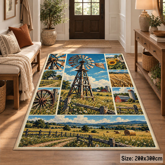 Farm Windmill Landscape Area Rug with Green Fields and Blue Sky — entryway setting
