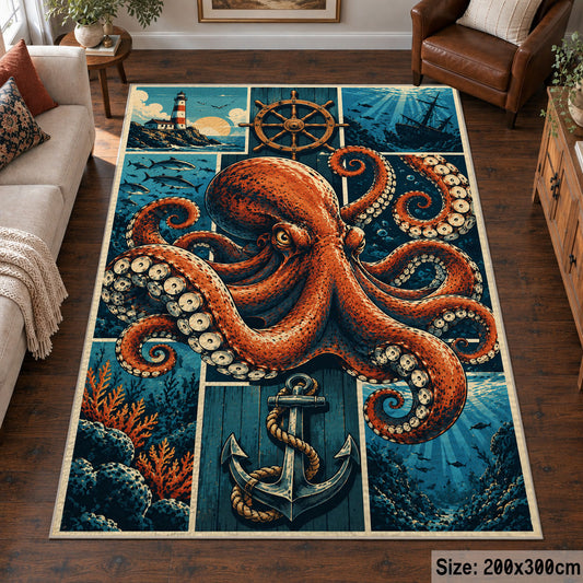 Octopus Nautical Panel Area Rug with Anchor — living room setting