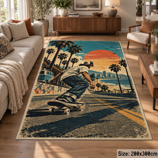 Palm Tree Skateboarding Area Rug with Sunset — sofa seating area