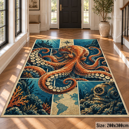 Octopus Ocean Collage Area Rug with Ship and Diving Helmet — hallway setting