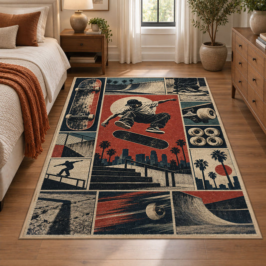 Red Skateboarding Collage Area Rug with Urban Skater — bedroom setting
