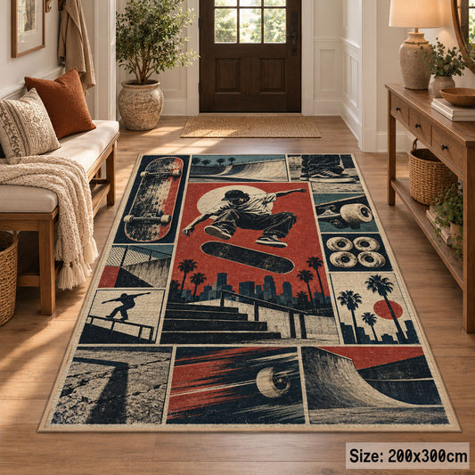 Red Skateboarding Collage Area Rug with Urban Skater — entryway setting