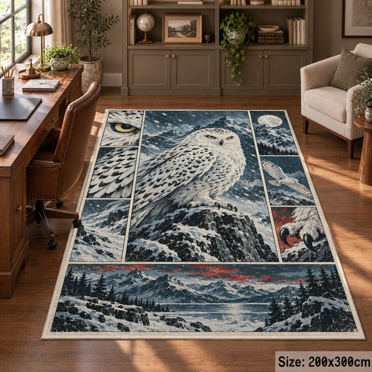 Snowy Owl Winter Collage Area Rug with Mountain and Forest Panels — home office setting