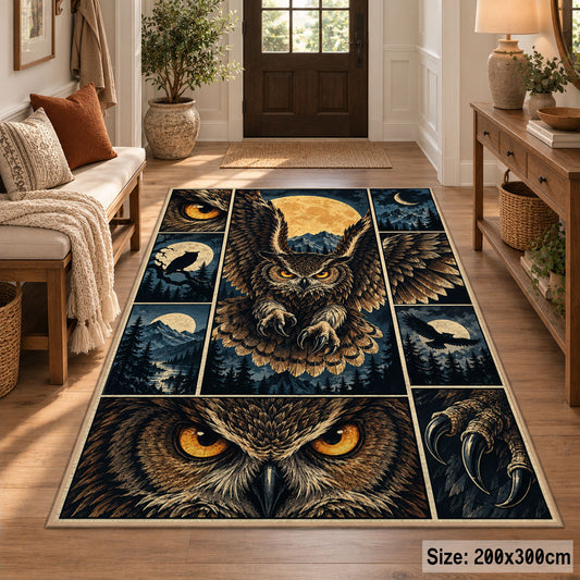 Owl Moon Collage Area Rug with Golden Eyes and Mountain Panels — entryway setting