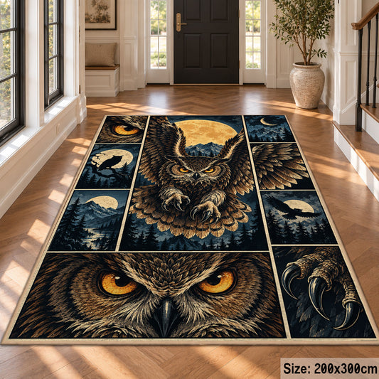 Owl Moon Collage Area Rug with Golden Eyes and Mountain Panels — hallway setting