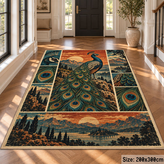 Peacock Sunset Landscape Area Rug with Feather and Mountain Panels — hallway setting