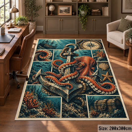 Octopus Anchor Collage Area Rug with Nautical Compass and Treasure — home office setting
