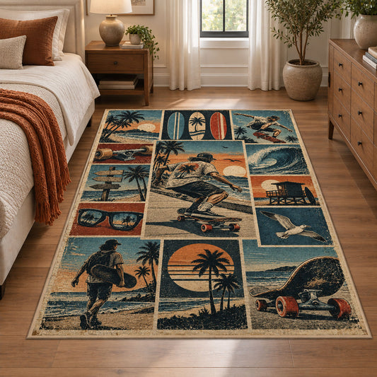 Coastal Skateboarding Collage Area Rug in Teal and Sand — bedroom setting