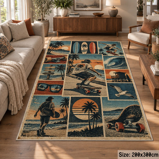 Coastal Skateboarding Collage Area Rug in Teal and Sand — sofa seating area