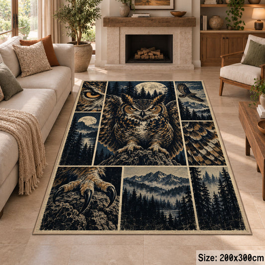 Owl Forest Collage Area Rug with Mountain and Feather Details — fireplace area setting
