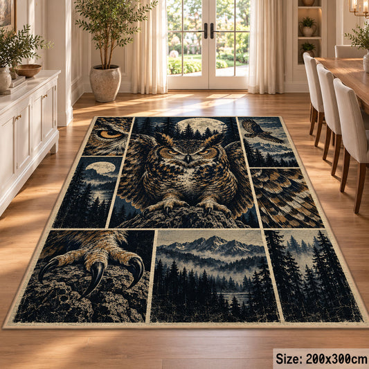 Owl Forest Collage Area Rug with Mountain and Feather Details — dining room setting