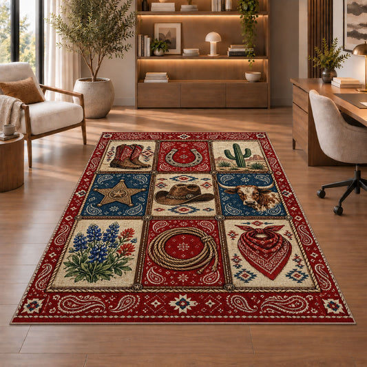 Western Patchwork Rug shown beside a lounge chair and wooden shelving
