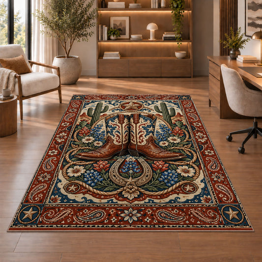 Cowboy Boots Floral Rug shown beside a lounge chair and wooden shelving