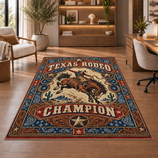 Vintage Rodeo Rider Rug shown beside a lounge chair and wooden shelving