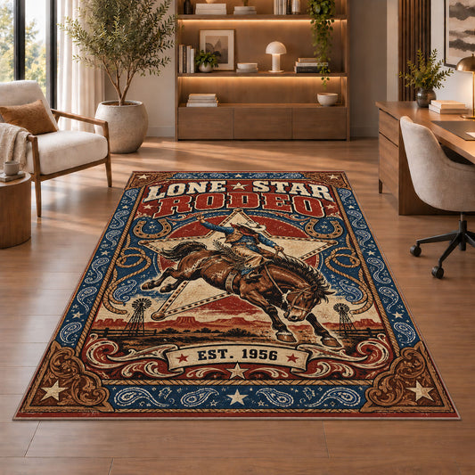 Retro Bucking Horse Rodeo Rug shown beside a lounge chair and wooden shelving