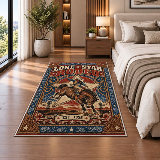 Retro Bucking Horse Rodeo Rug shown beside a bed with neutral bedding