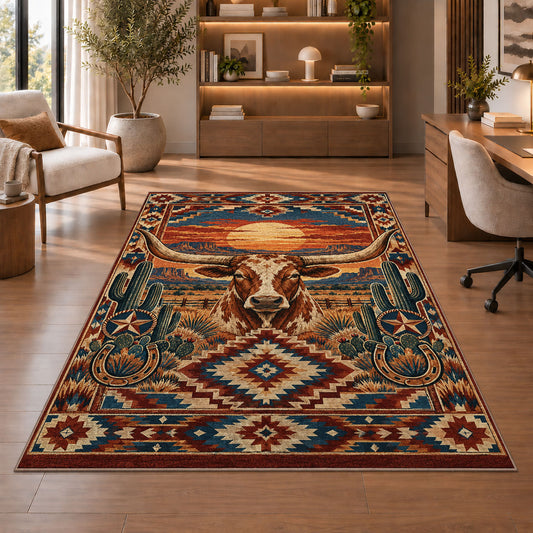 Longhorn Desert Diamond Rug shown beside a lounge chair and wooden shelves