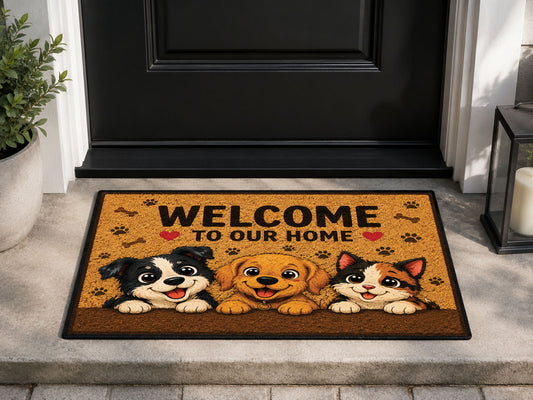 Suupia Welcome to Our Home Puppies and Kitten doormat, styled product view 1