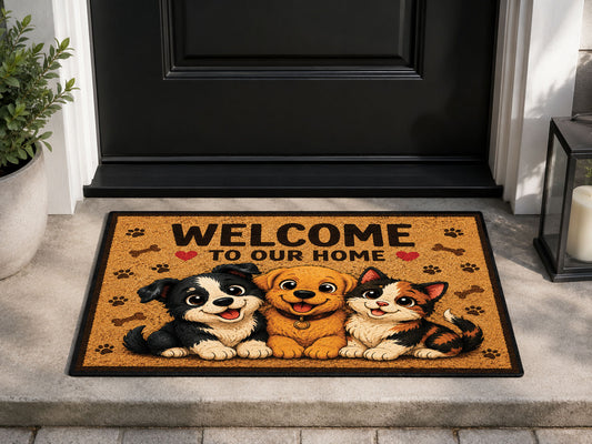 Suupia Welcome to Our Home Happy Pets doormat, styled product view 1