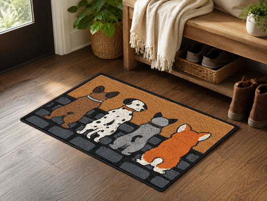 Suupia Four Dogs on a Wall doormat, styled product view 2