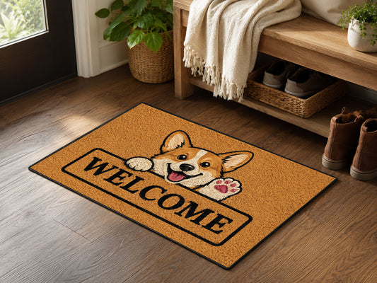Suupia Corgi Welcome doormat, styled product view 2