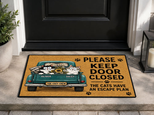 Suupia Keep Door Closed Cats Have an Escape Plan doormat, styled product view 1
