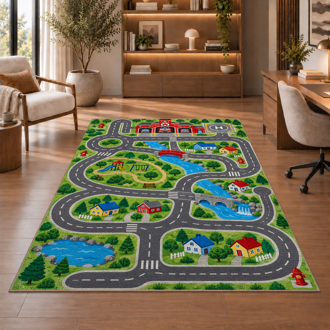 Fire station town road kids play mat firefighter rug