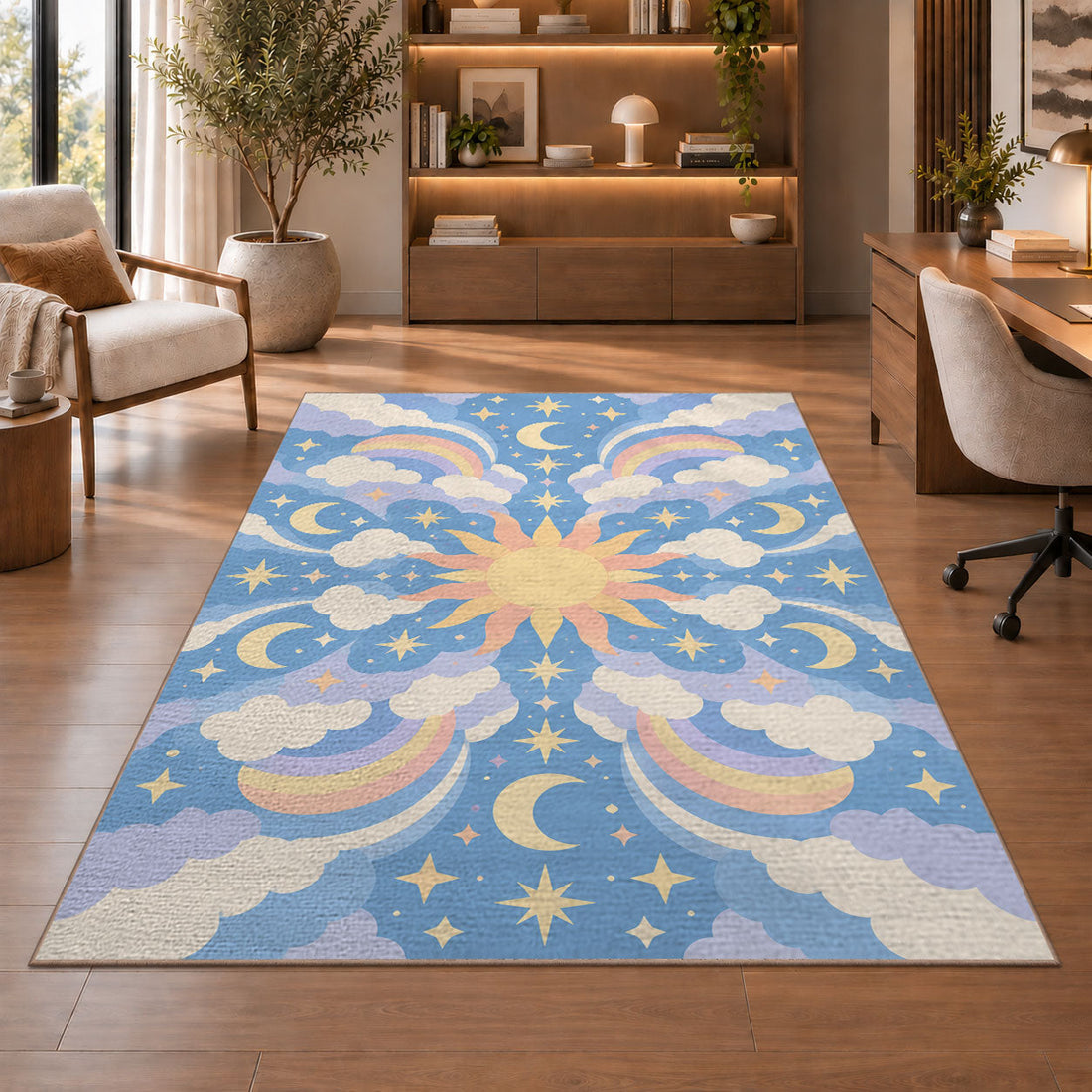 Blue and cream floral medallion area rug in a styled room