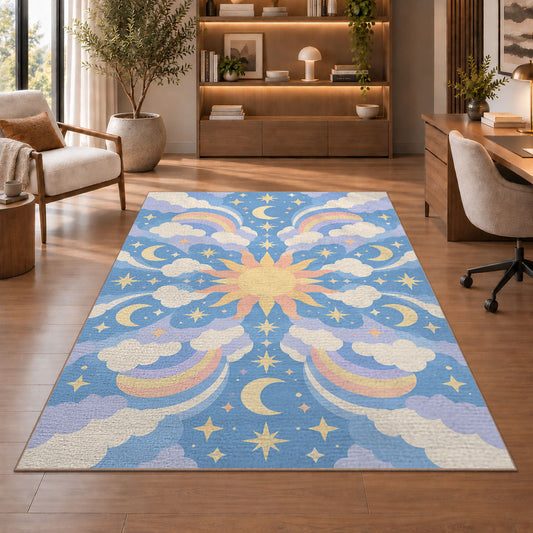 Blue and cream floral medallion area rug in a styled room